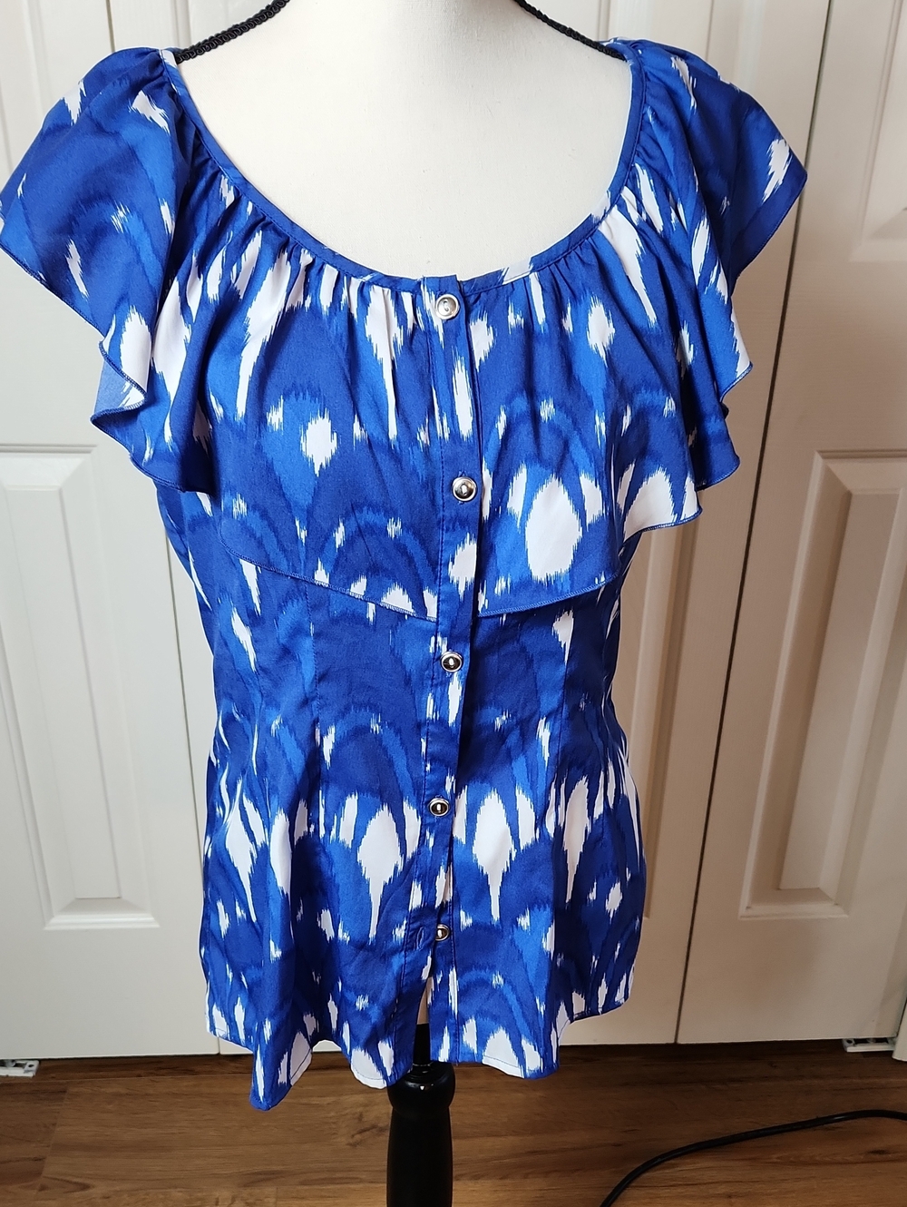 Banana Republic Blue and White Ruffle-Front Button Blouse